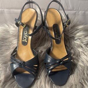 Joyce Vintage Navy Blue Women's Leather Strap Open Toe Sandals, Size 9.5
